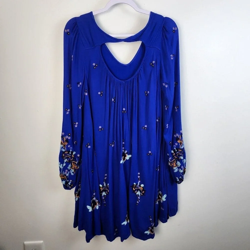 Free People‎ Cobalt Blue Oxford Embroidered Mini Swing Dress Small